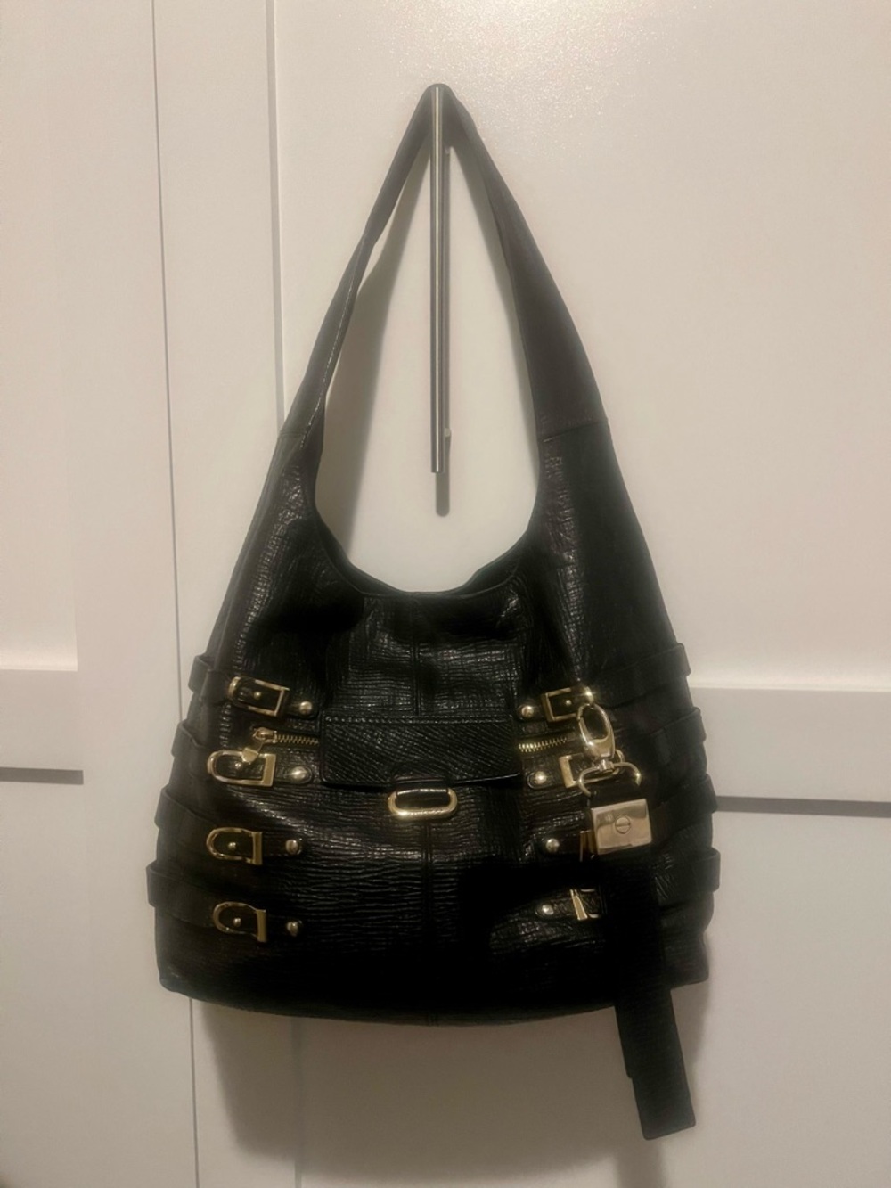 Jimmy Choo Bardia Black Textured Shoulder Hobo with Gold-Tone Buckle Accents